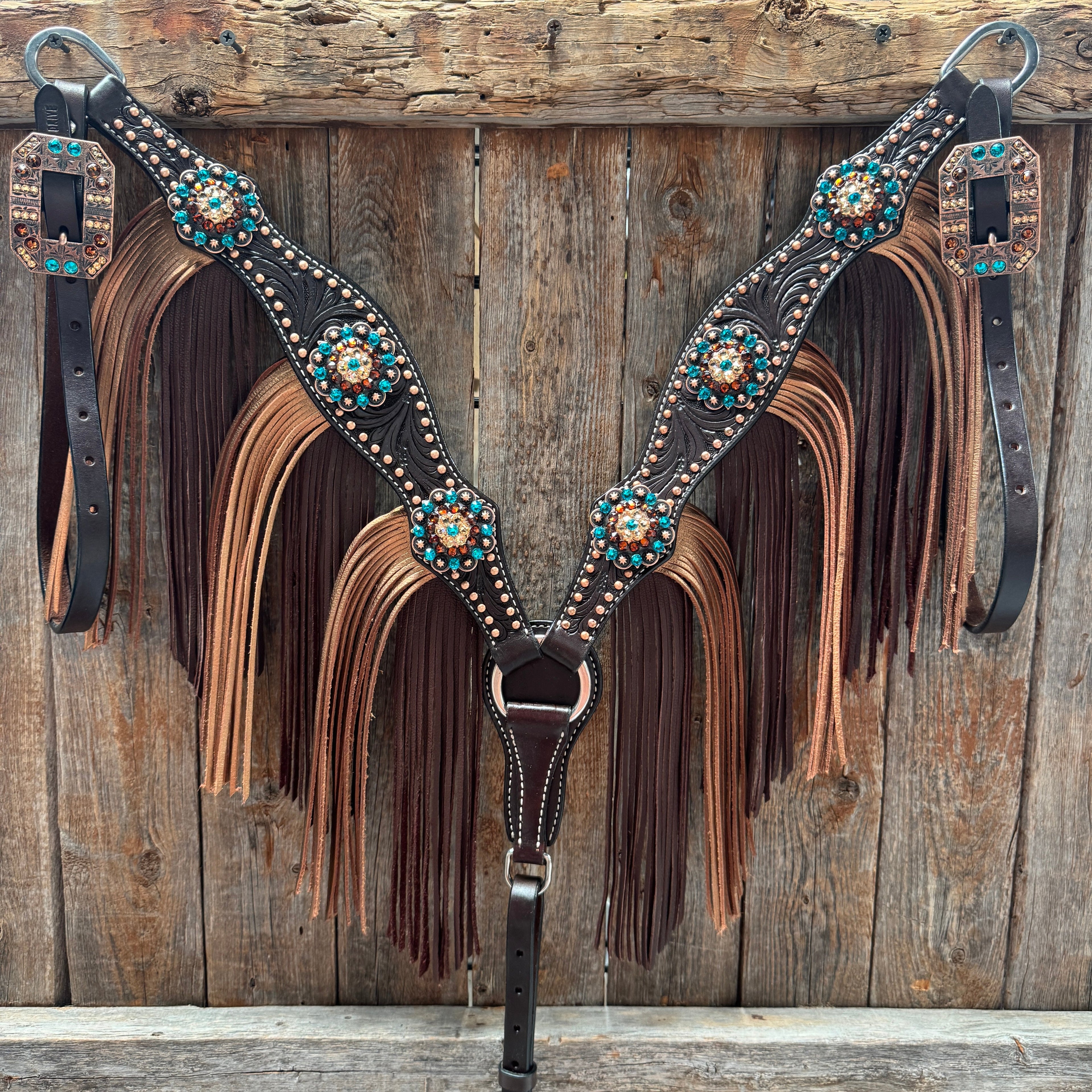 Dark Oil Floral Copper Dot Teal and Champagne Browband / Breastcollar Tack Set #BBBC473 — view 6