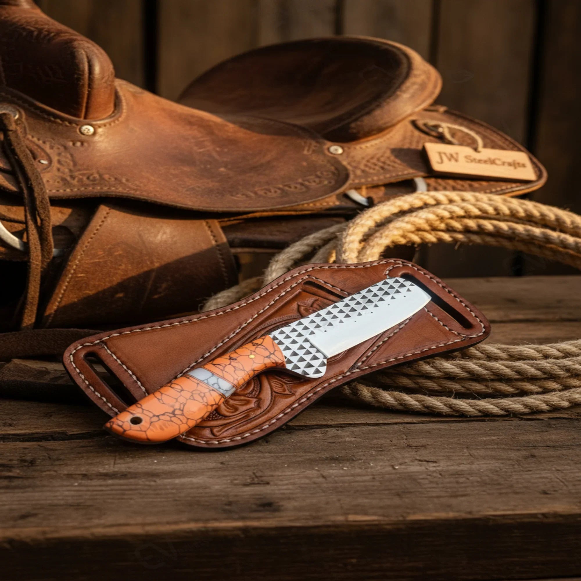 Tanto Rasp Bull Cutter with Orange Turquoise Resin Handle