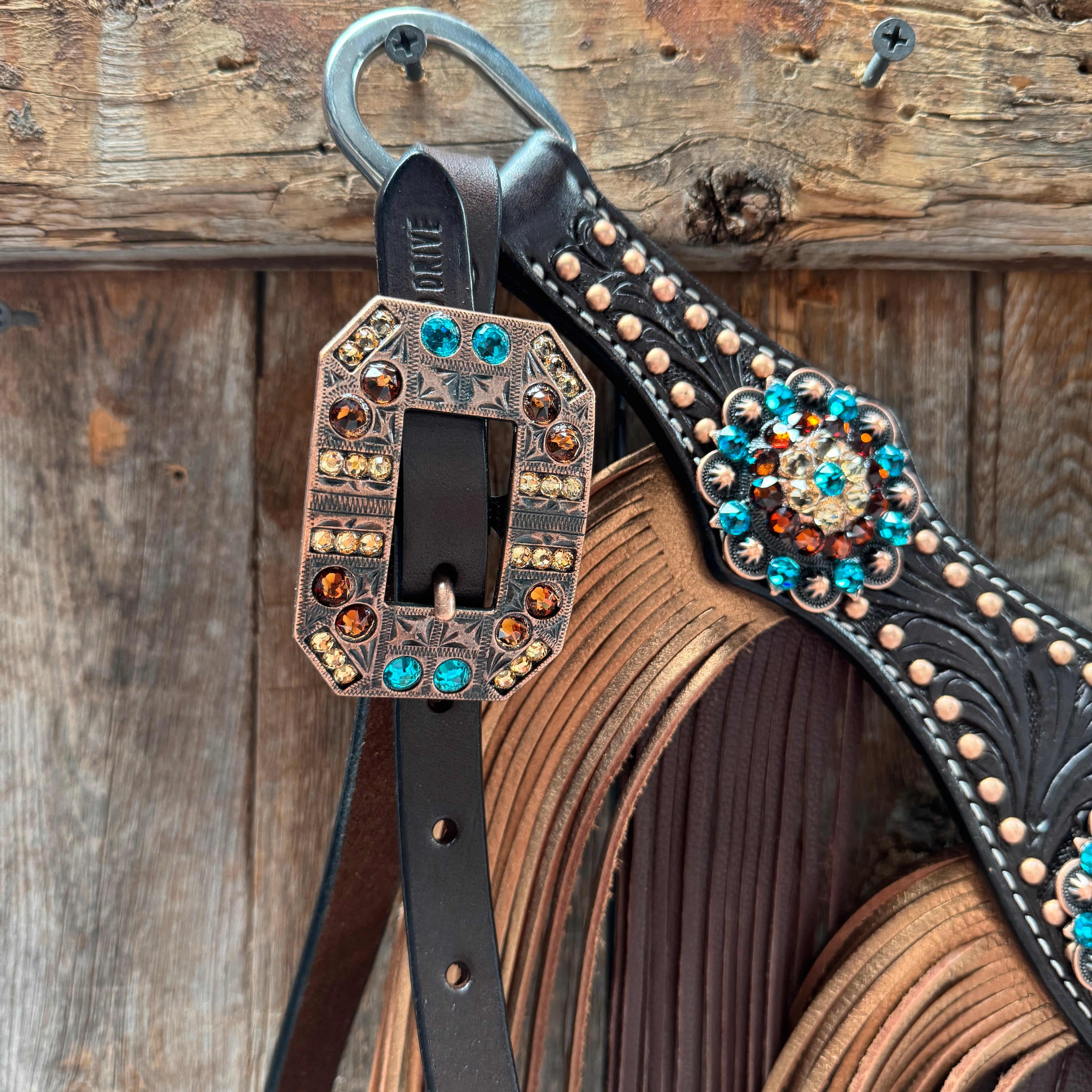Dark Oil Floral Copper Dot Teal and Champagne Browband / Breastcollar Tack Set #BBBC473 — view 7