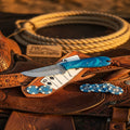 Turquoise Hybrid Rasp Skinner Knife Sky Blue Resin Handle Cross Draw Hand Engraved Sheath