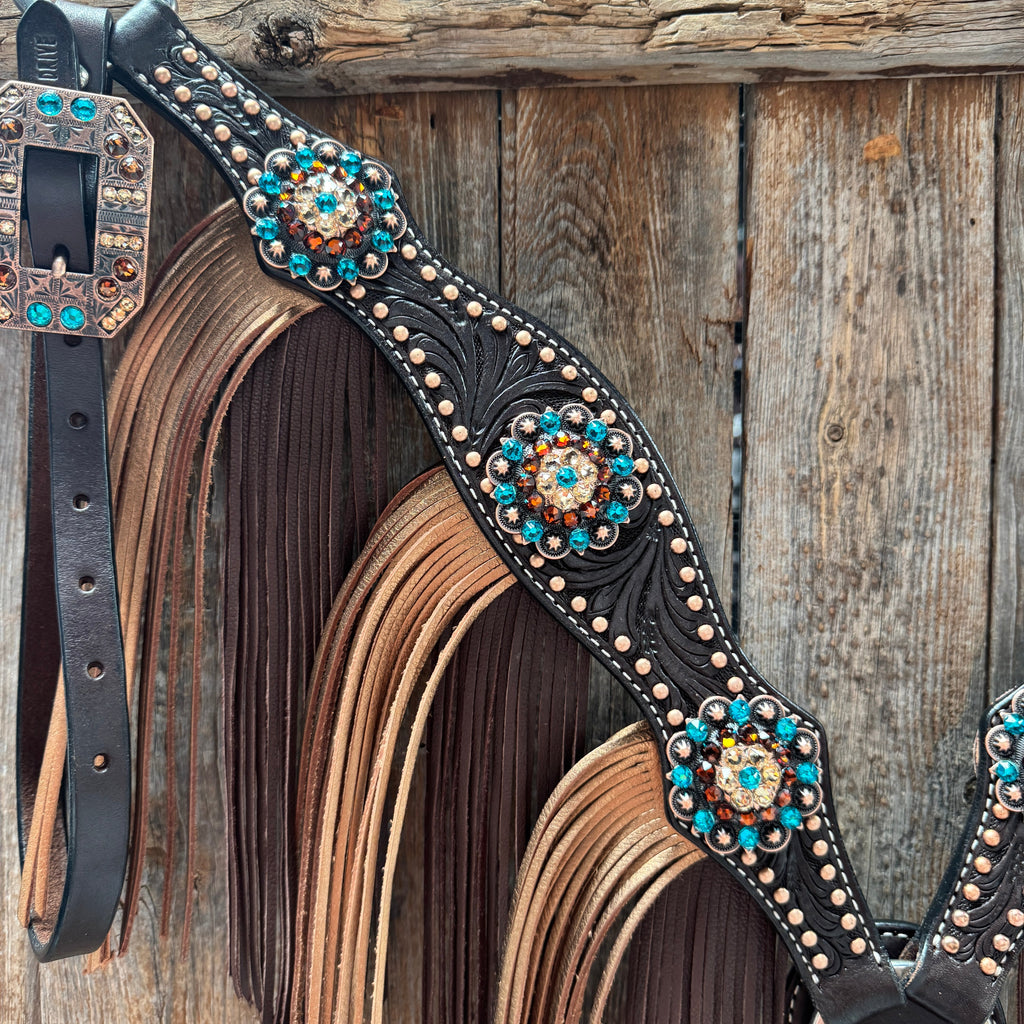 Dark Oil Floral Copper Dot Teal and Champagne Browband / Breastcollar Tack Set #BBBC473 — view 8