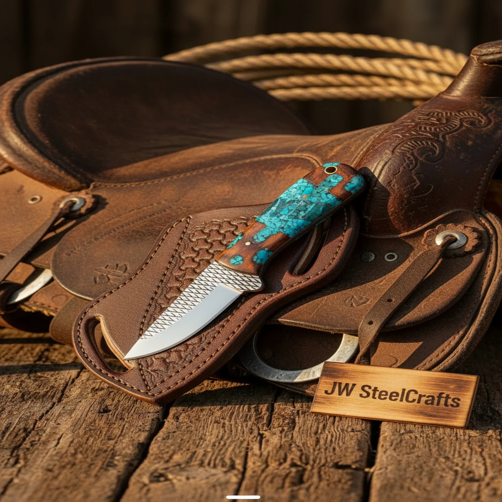 Turquoise Cowboy Skinner with Rasp Steel Blade and Crossdraw Sheath