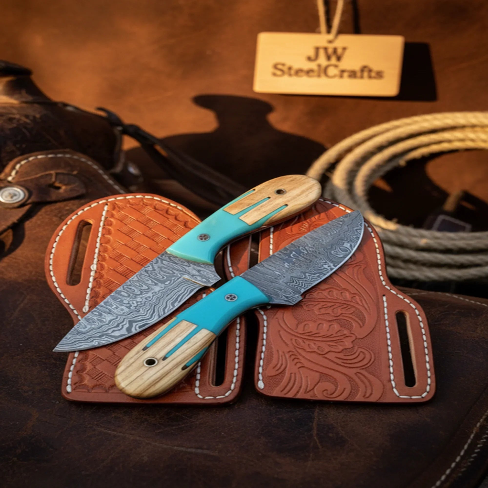 Handmade Damascus Skinner Knives 6.5" Olive Wood Resin Handle Hunting Set