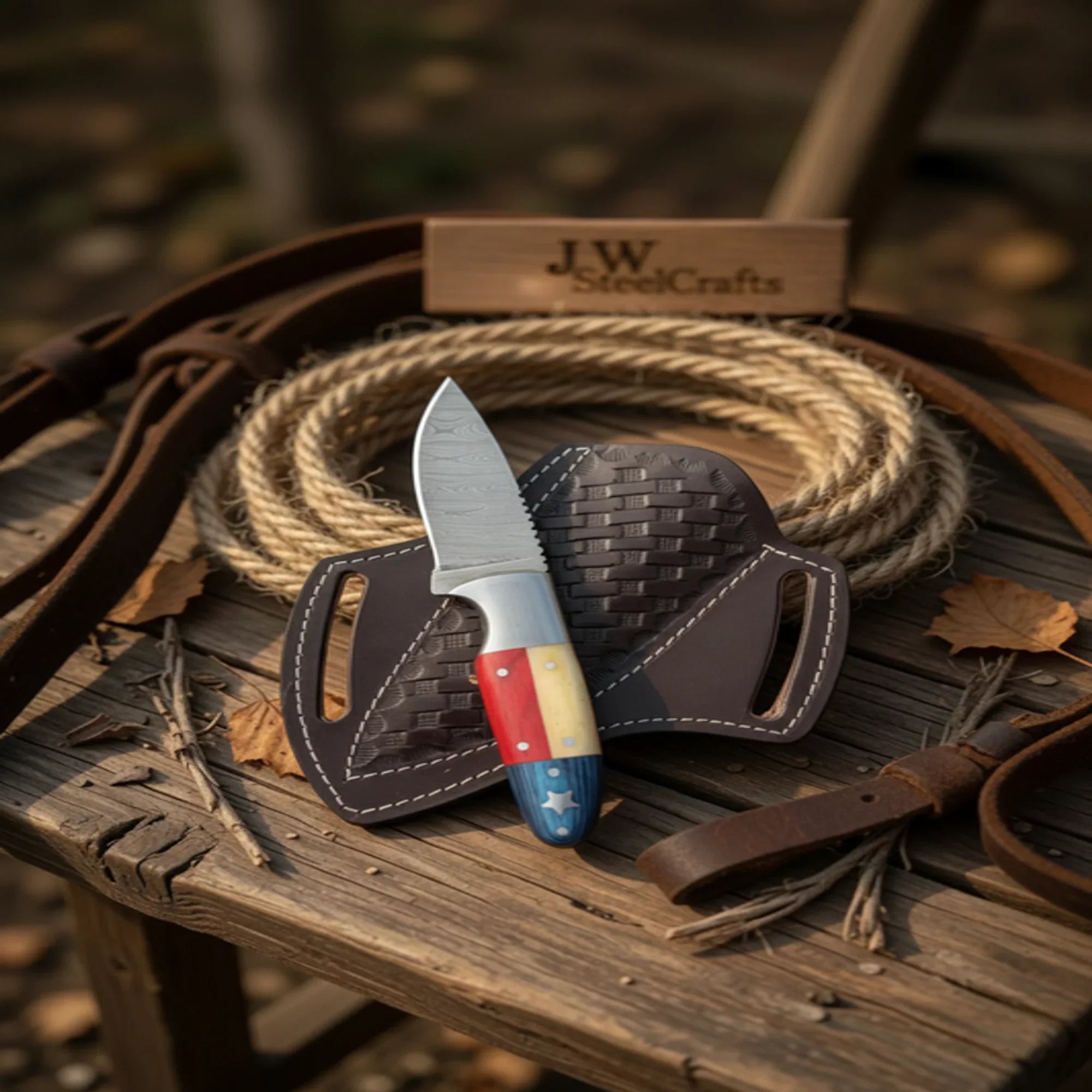 Texas Flag Hunter Mosaic Knife with Damascus Drop Point Blade
