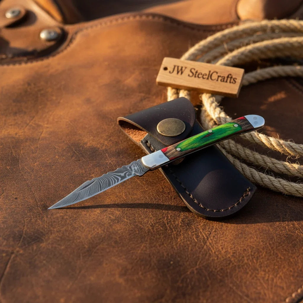 Forest Green Trail Trapper Knife Pakka Wood Damascus Steel folding Trapper Knife