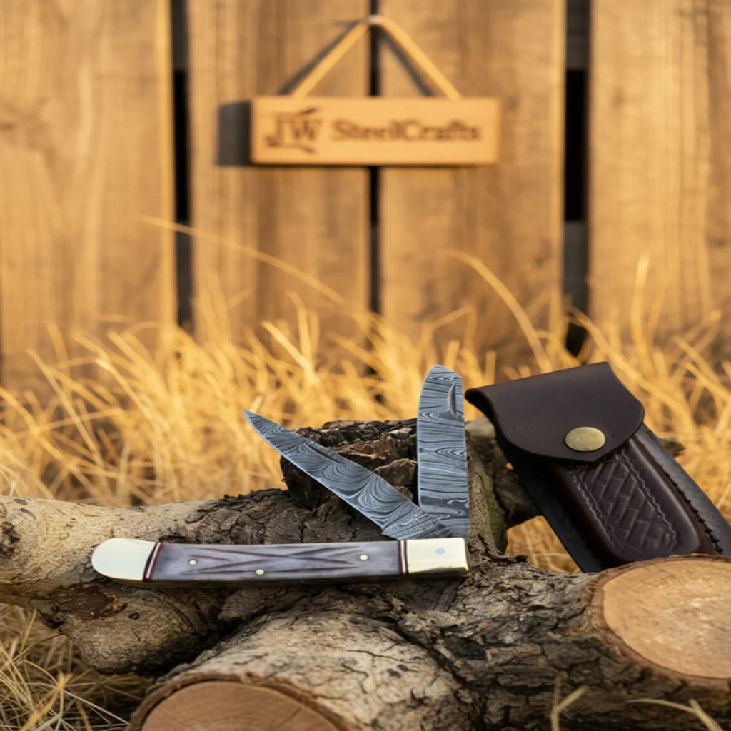 Damascus Steel Trapper Knife 4" with Bone Handle, Folding Pocket Knife
