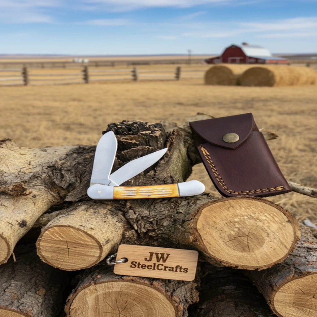 Double Blade Trapper Knife with Bone Handle, Folding Pocket Knife
