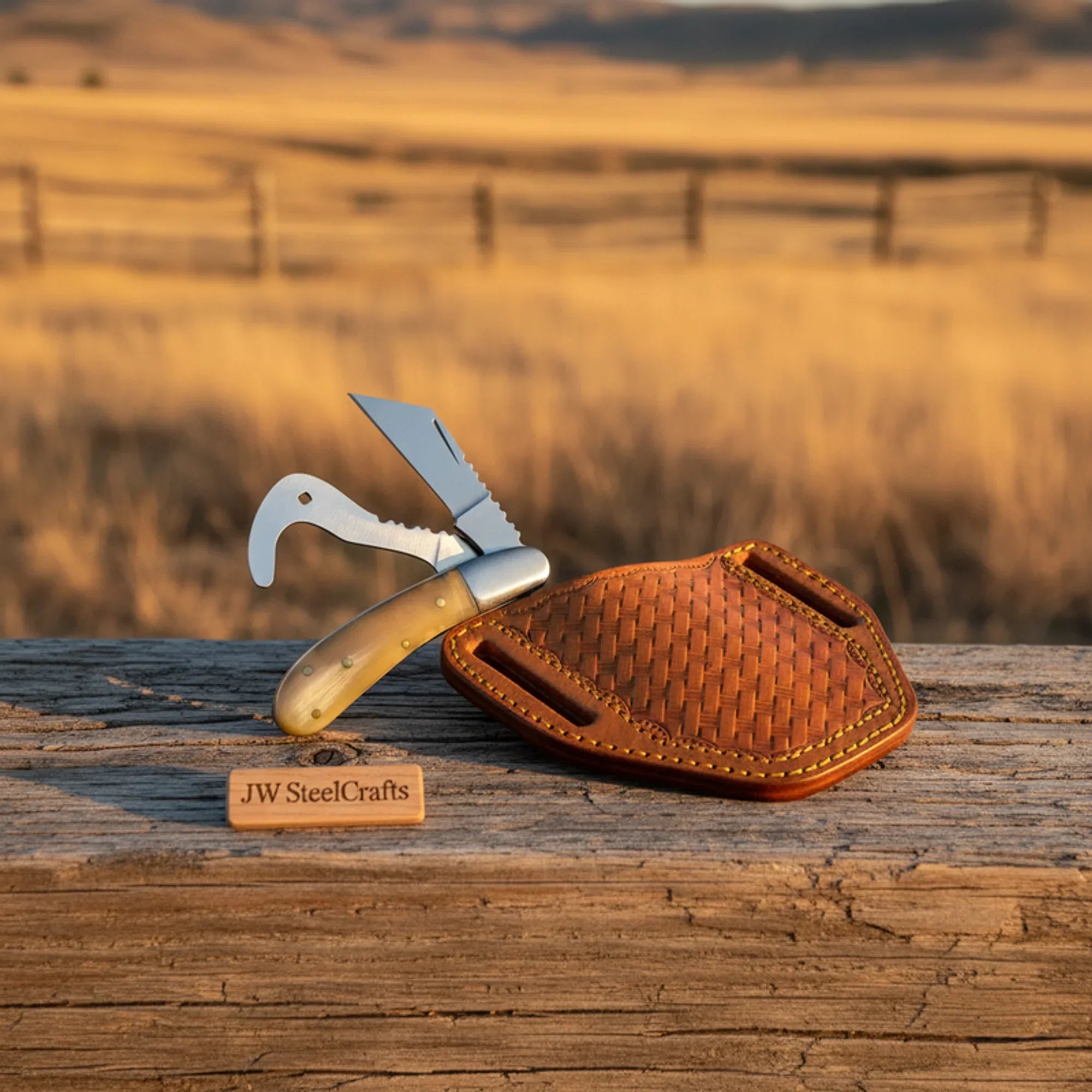 Handmade Trapper Knife, 2 Blades, Olive Wood Handle, Steel Bolster with Leather Sheath