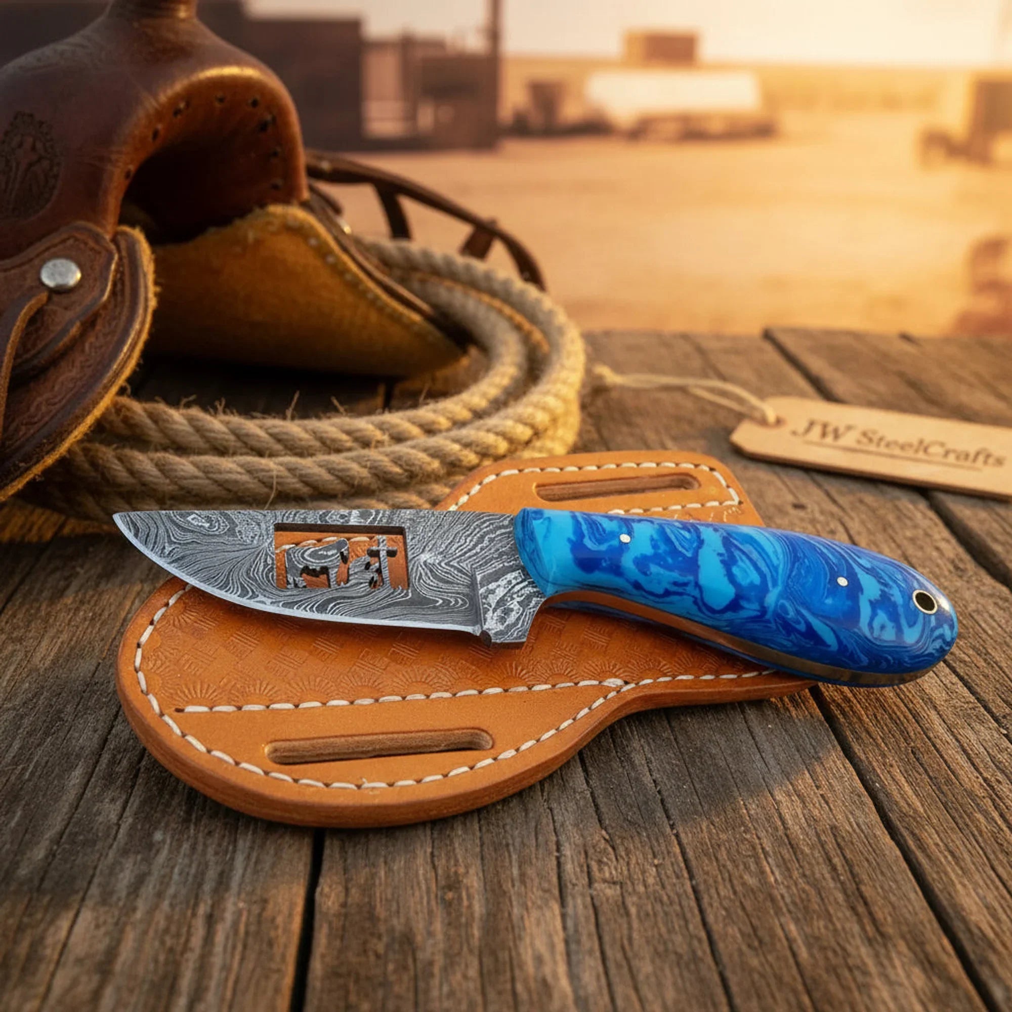 Frontier Whitetail Skinner knife Christian Cross Horse Engraved Blue Resin Handle Full Tang