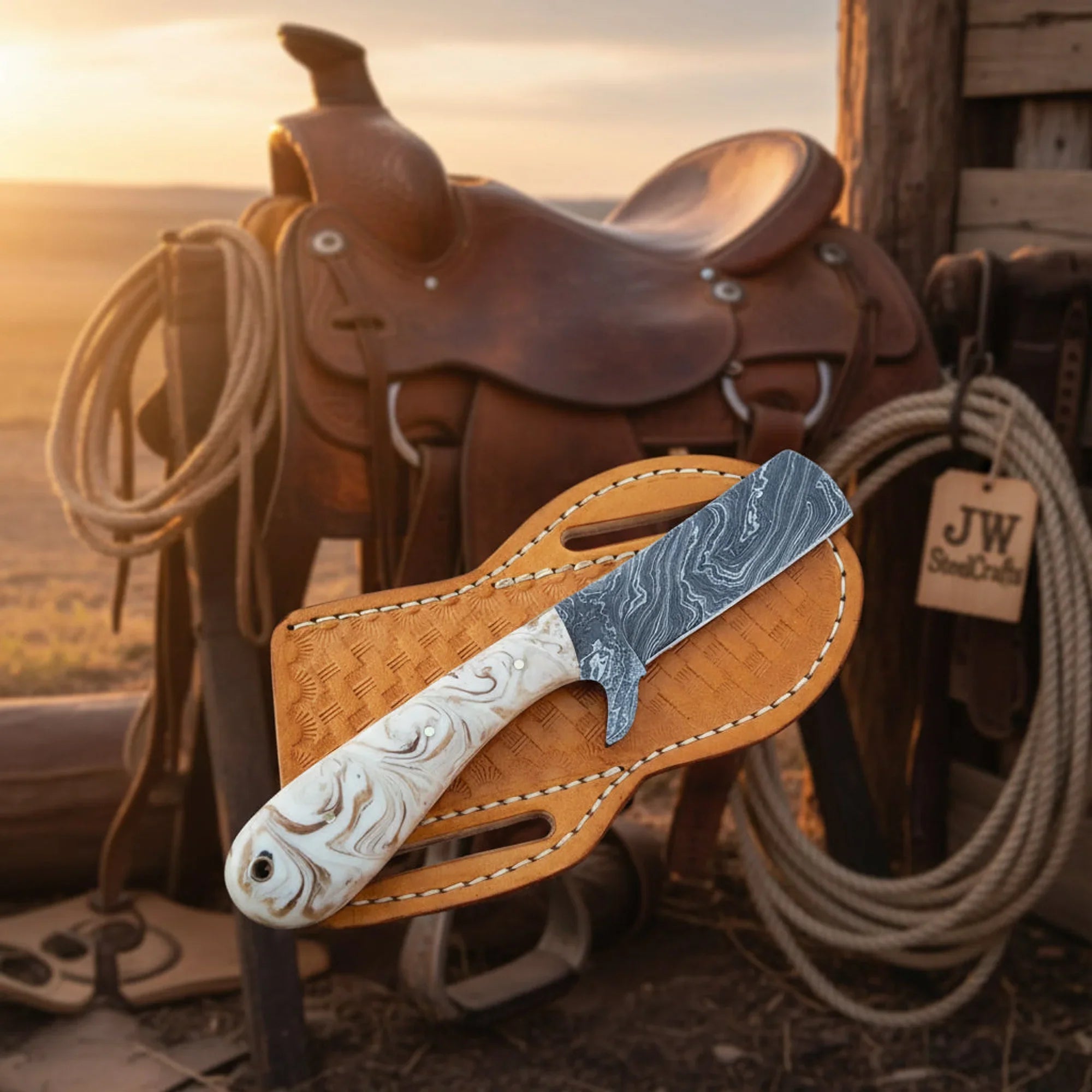Damascus Skinner Knife with Resin Handle, 7" Full Tang