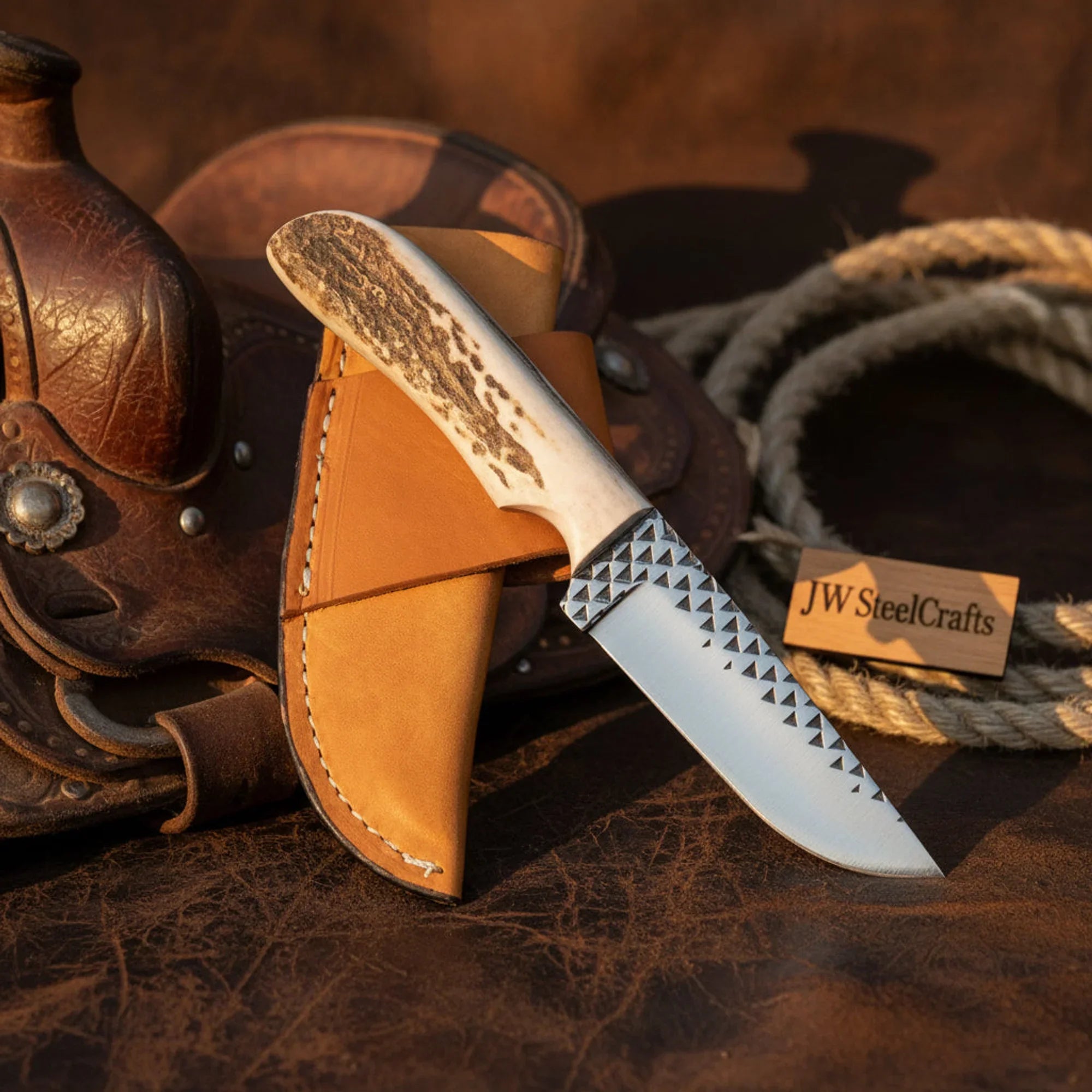 Handmade Custom Rasp Steel Fixed Blade Hunting Knife 7" with Synthetic Stag Handle & Leather Sheath