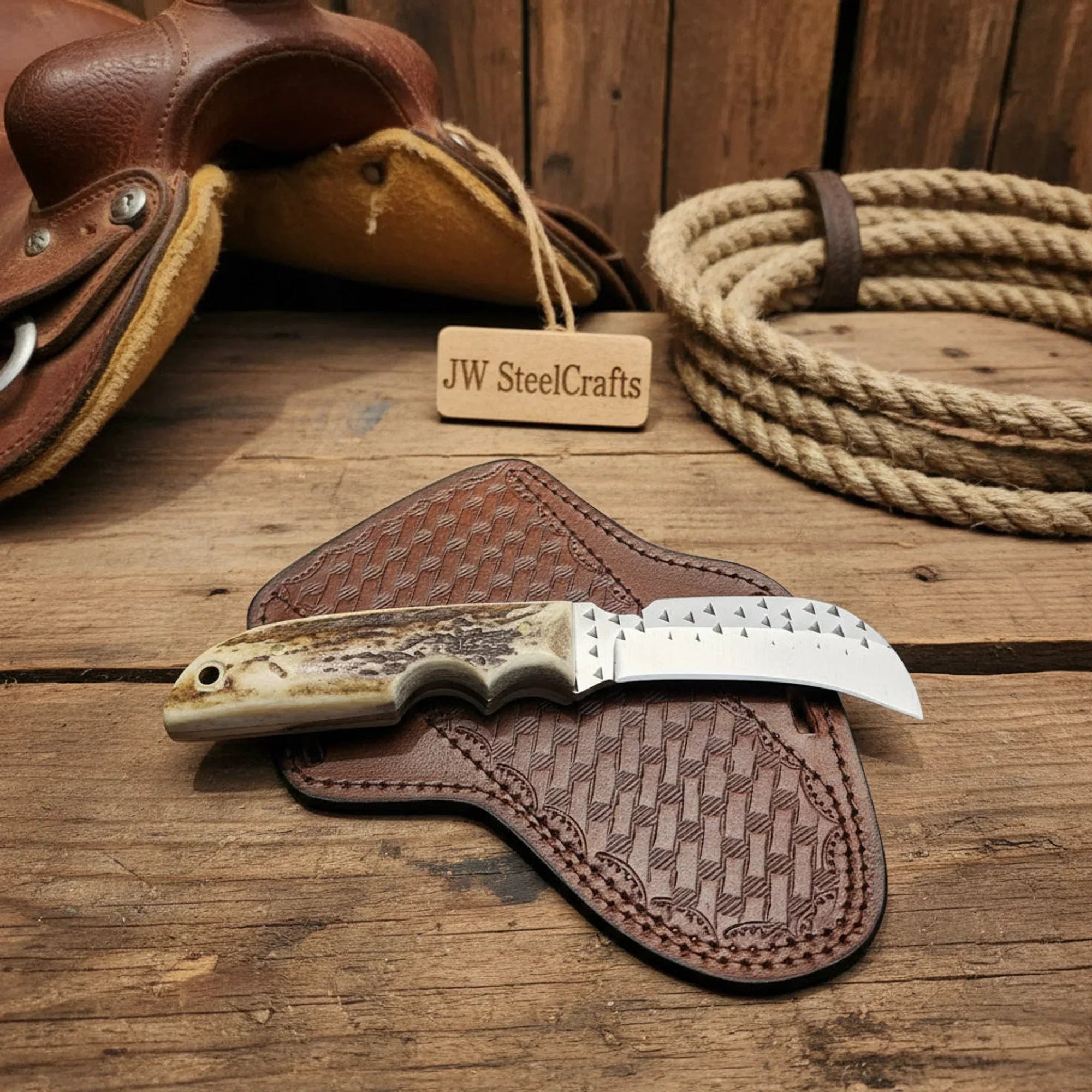 Buckhorn Skinner Knife 7" Damascus Steel Blade with Natural Stag Horn Handle