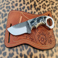 Rugged Cross Draw File Ring Knife Finger Ring Handle Western Hand Engraved Leather Sheath 5"