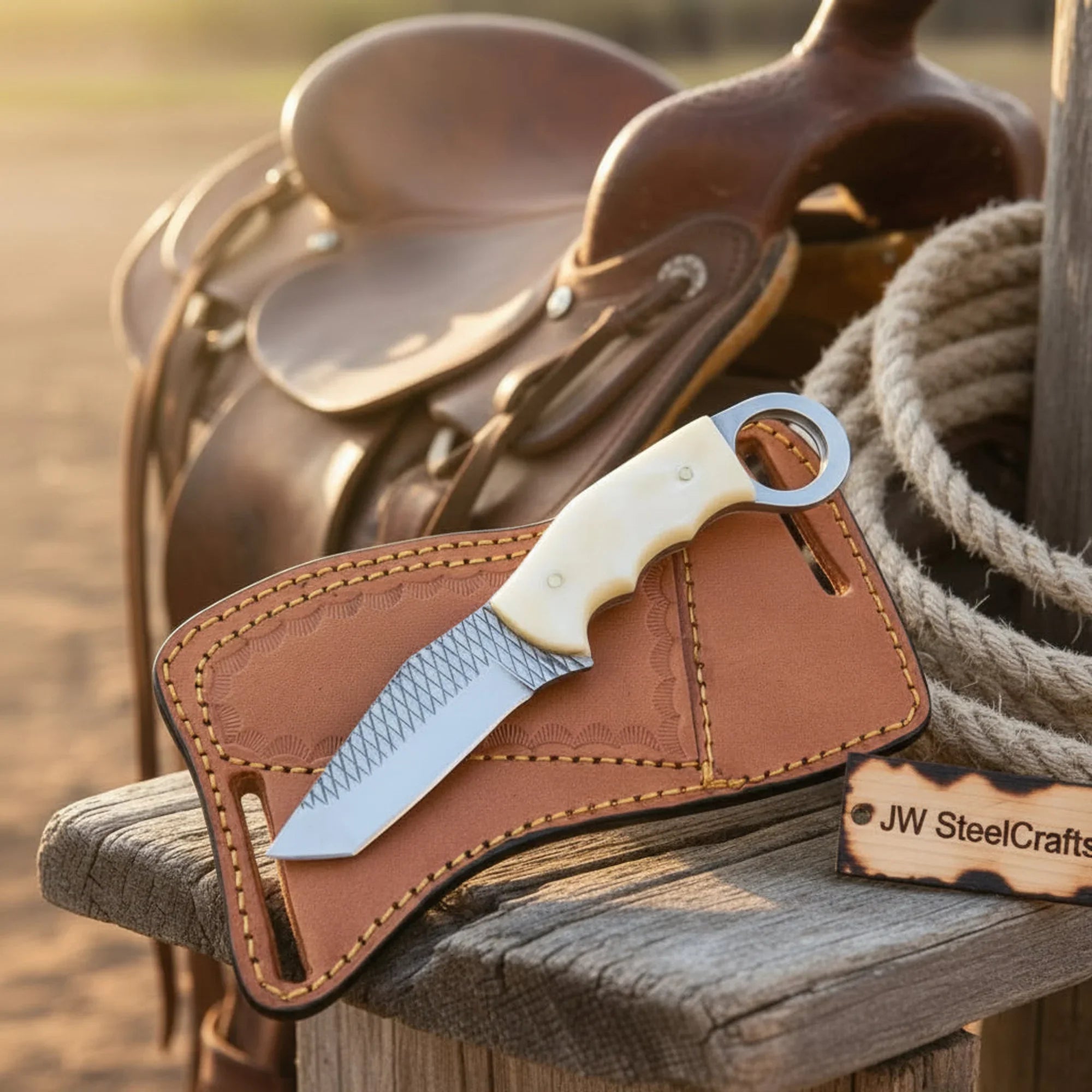 Rasp Steel Ring-Handle Tanto Knife with White Resin Ring Handle and Cross-Draw Sheath