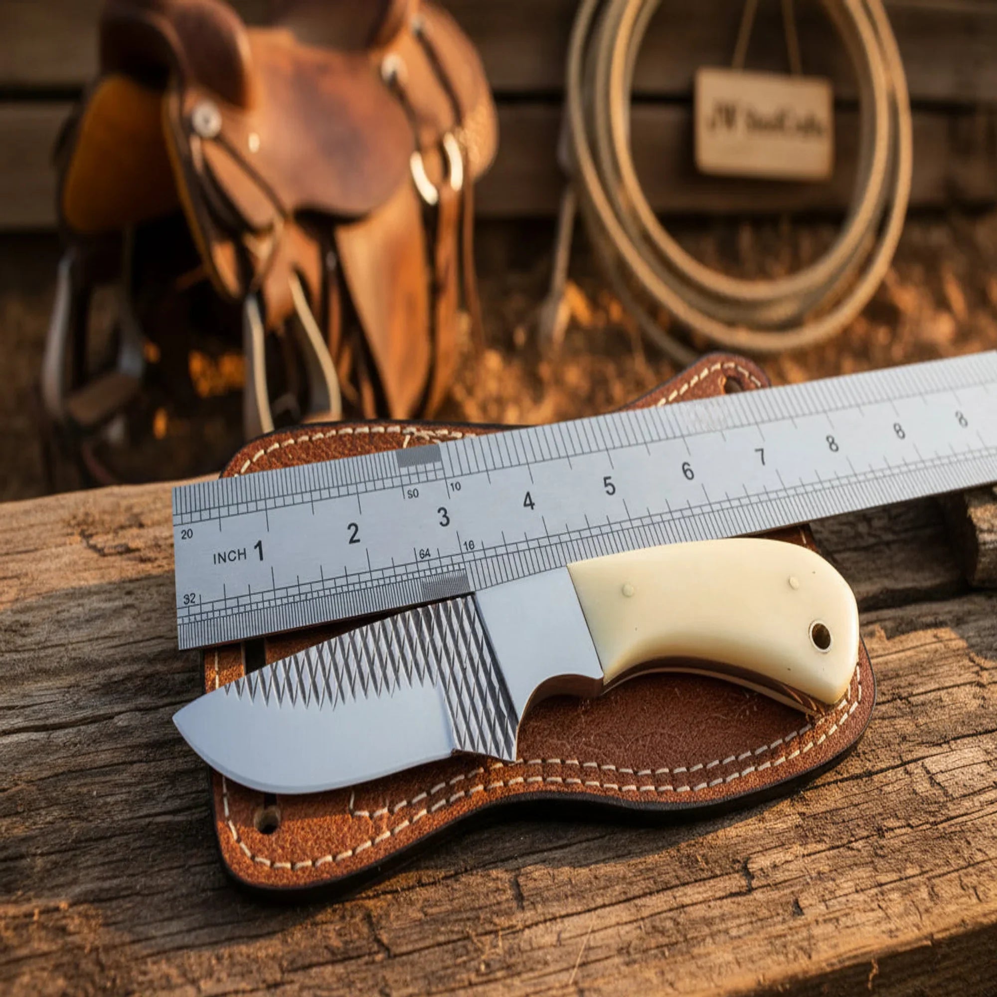 Handmade Ranch Rasp Steel Skinner Knife – High Carbon File Steel Blade with Crossdraw Leather Sheath