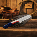 Hand-Forged Pocket Cleaver Blade – Patriotic Damascus Cleaver Knife with Red, White & Blue Handle