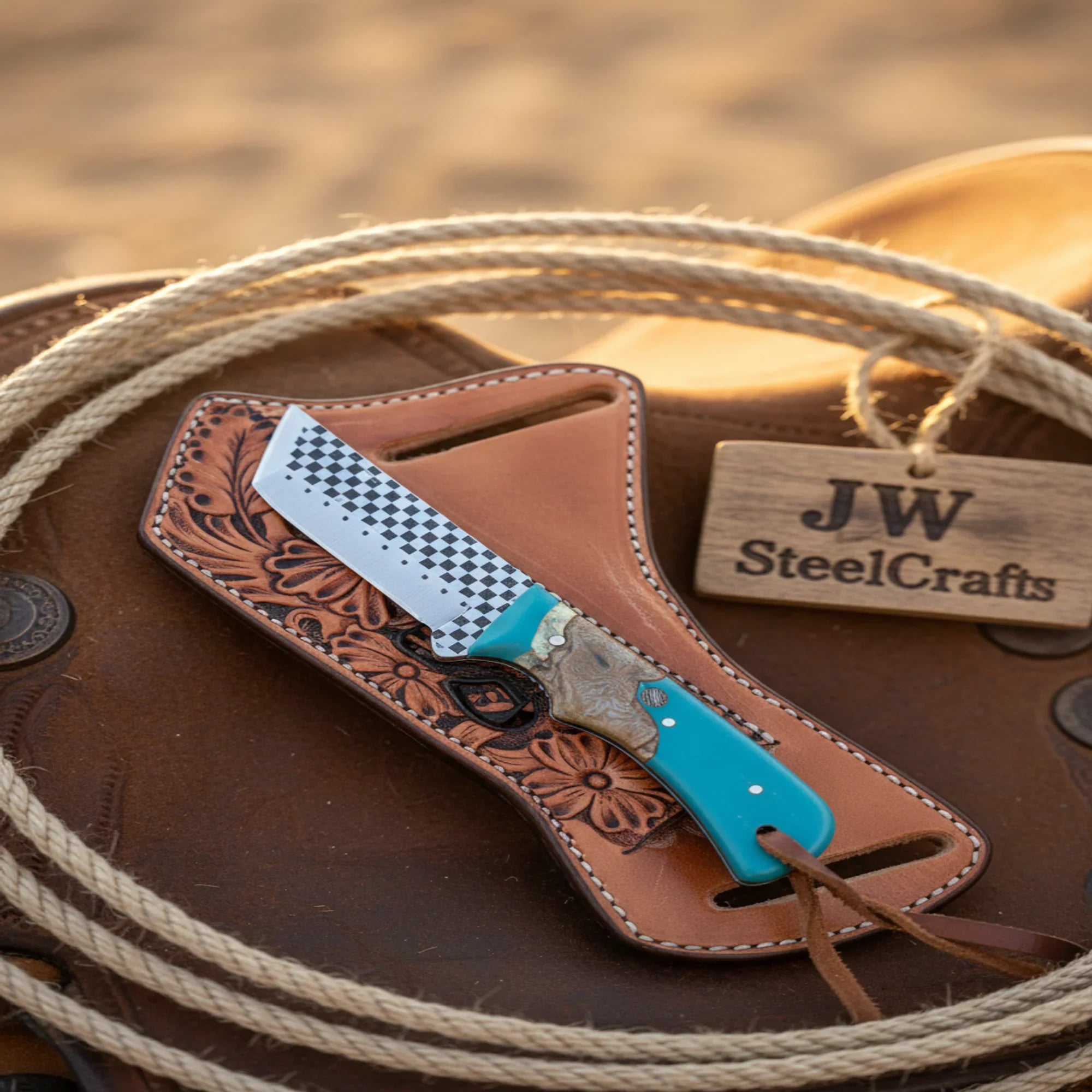 Checkered Cleaver EDC Knife – Hand-Forged Checkerboard Blade with Turquoise Burl Handle