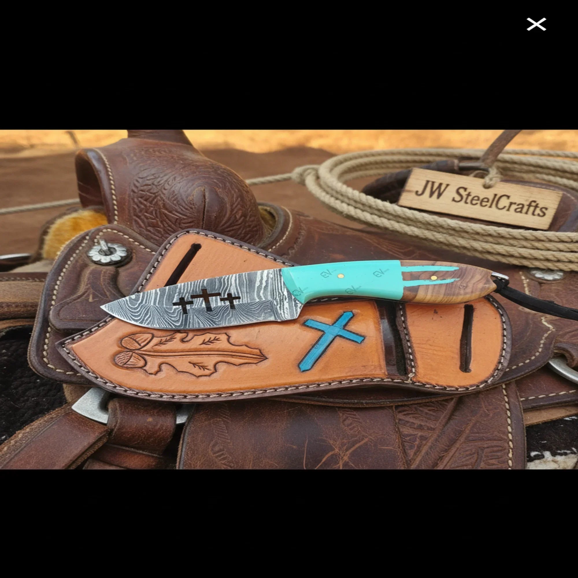 Damascus Skinner Knife 7" Cross Engraved Olive Wood Resin Handle Full Tang