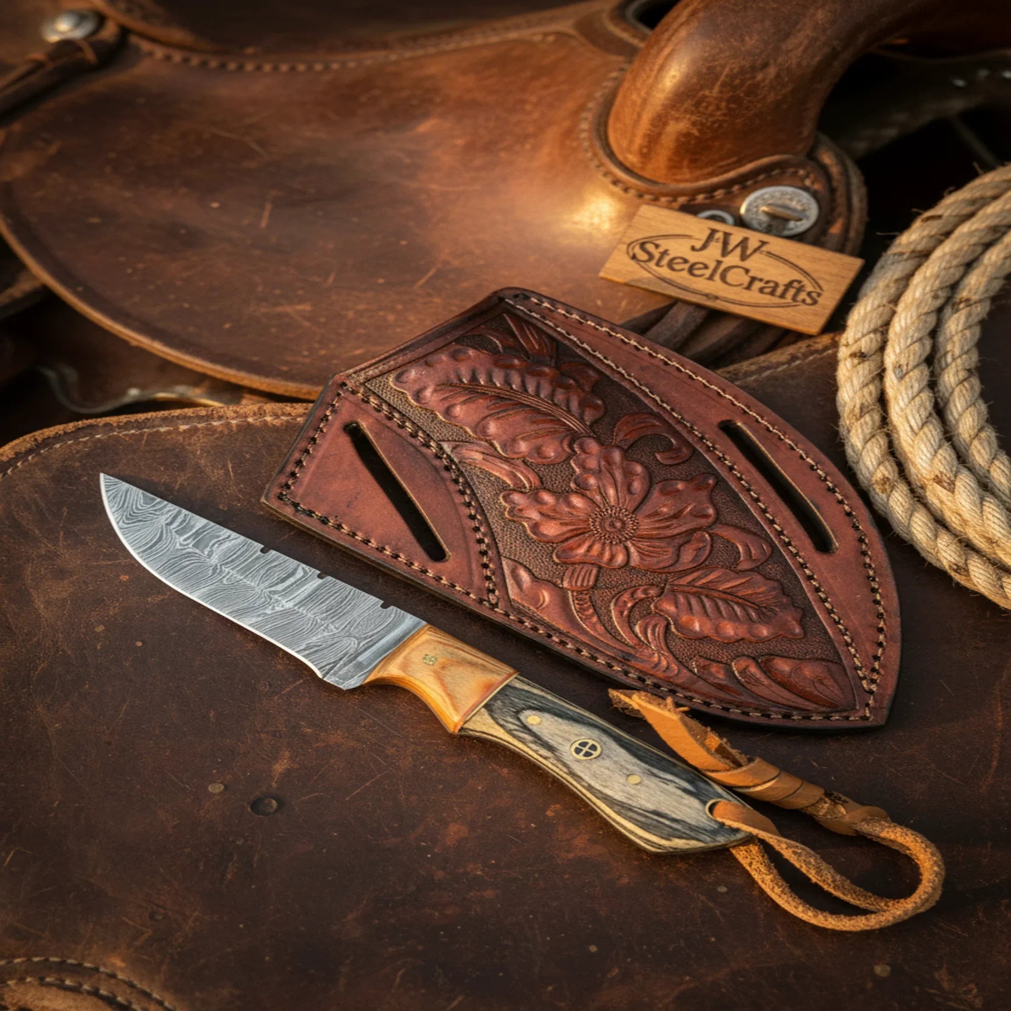 Timber Inlay Ranch Knife 7" Olive Pakka Wood Handle Full Tang Western Tooled Leather Sheath