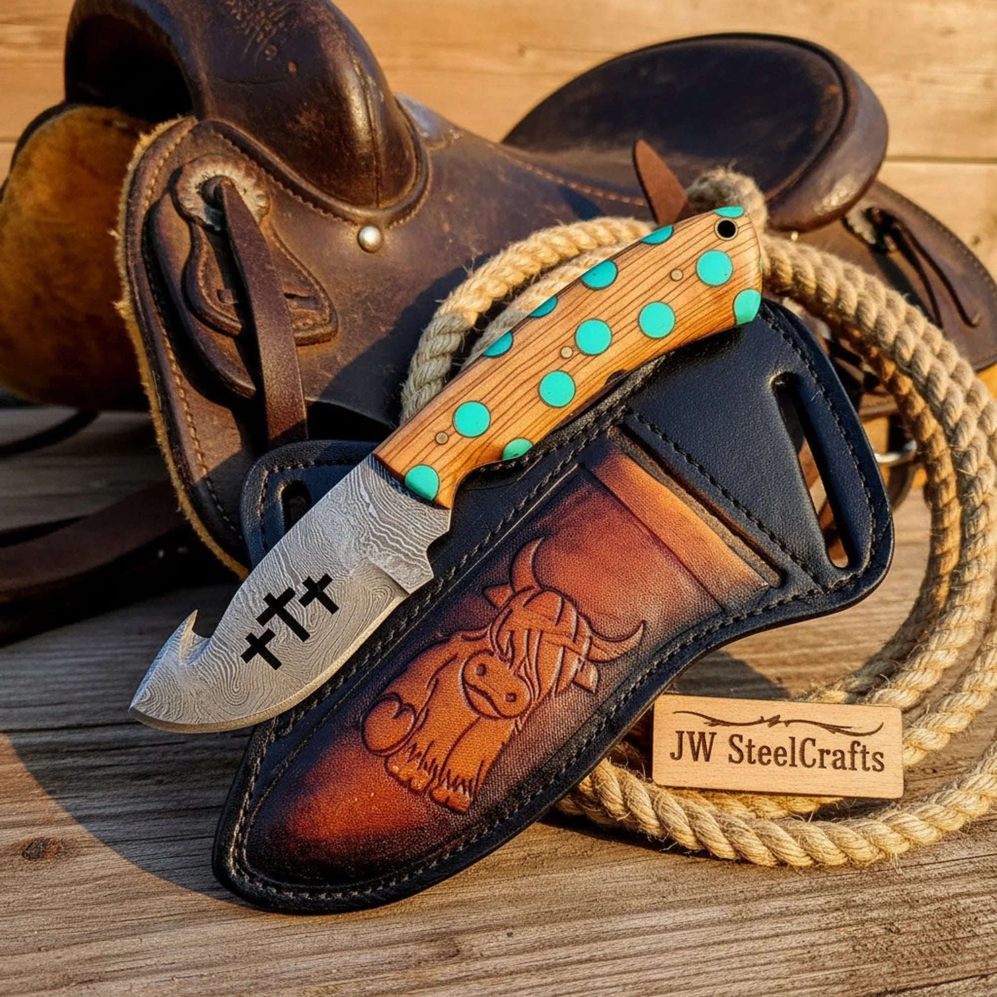 Faith Ridge Hook Skinner Knife 7" Damascus Blade with Cross Engraving, Stag Horn Handle