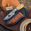 Handmade Damascus Knife, Cowboy Engraved Blade, Pakka Olive Wood Handle, 7" Fixed