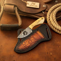 Damascus Cross Draw Caper Knife Deer Engraved Bone Handle Buffalo Tooled Sheath