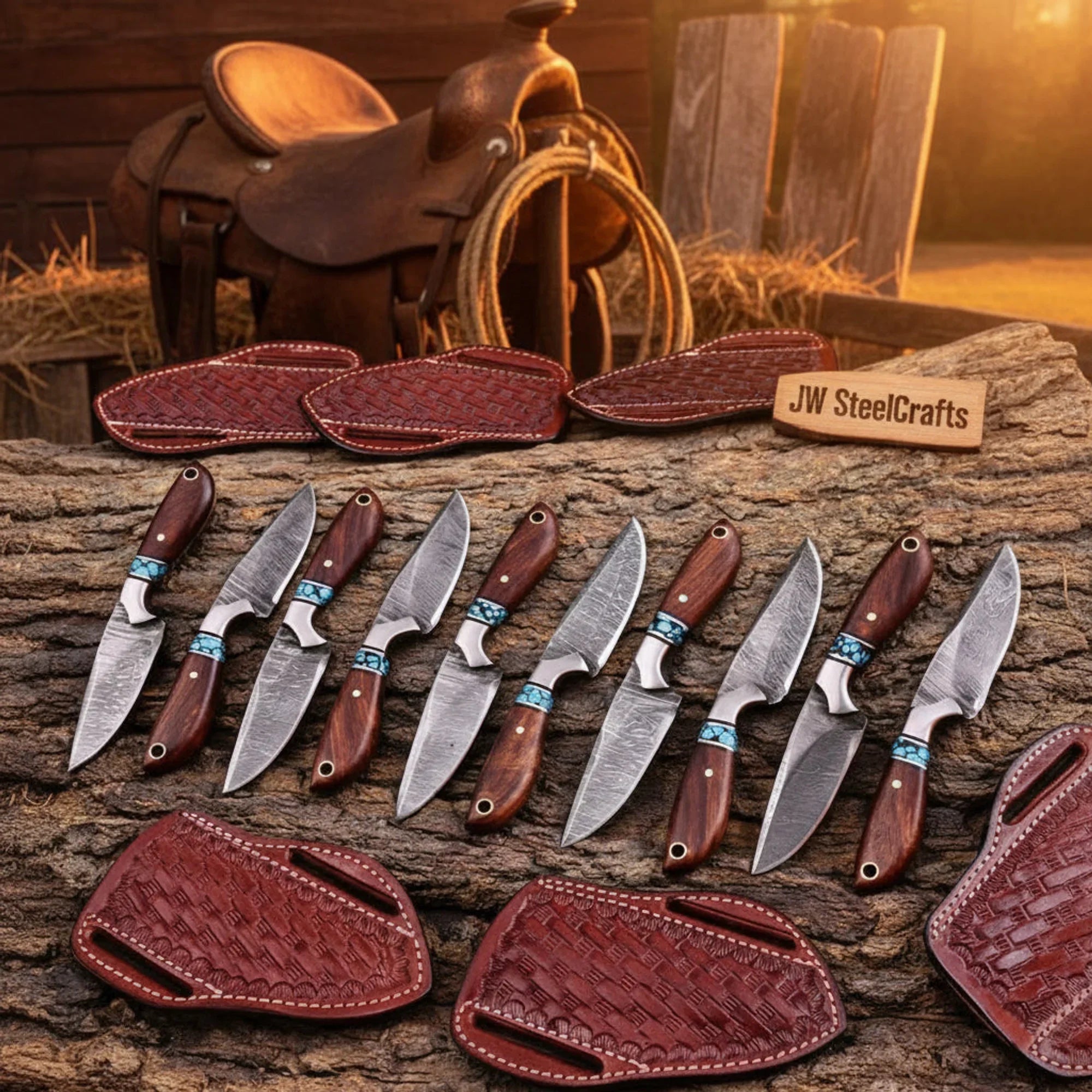Maple Ridge Skinner Knife Set of 10, Rosewood & Turquoise Handle