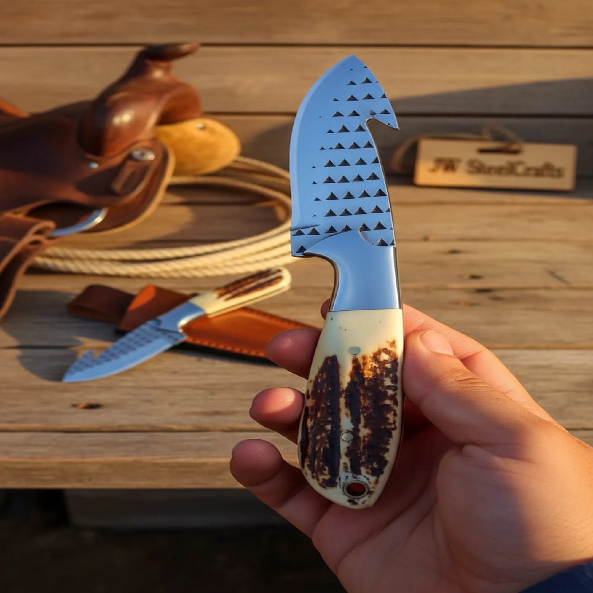 Rasp Steel Cowboy Gut Hook Knife with Stag Horn Handle