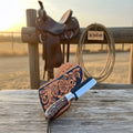 Floral Straight Cowboy Cleaver 7 Inch, Pinecone Resin Handle, Steel Bolster, Leather Sheath
