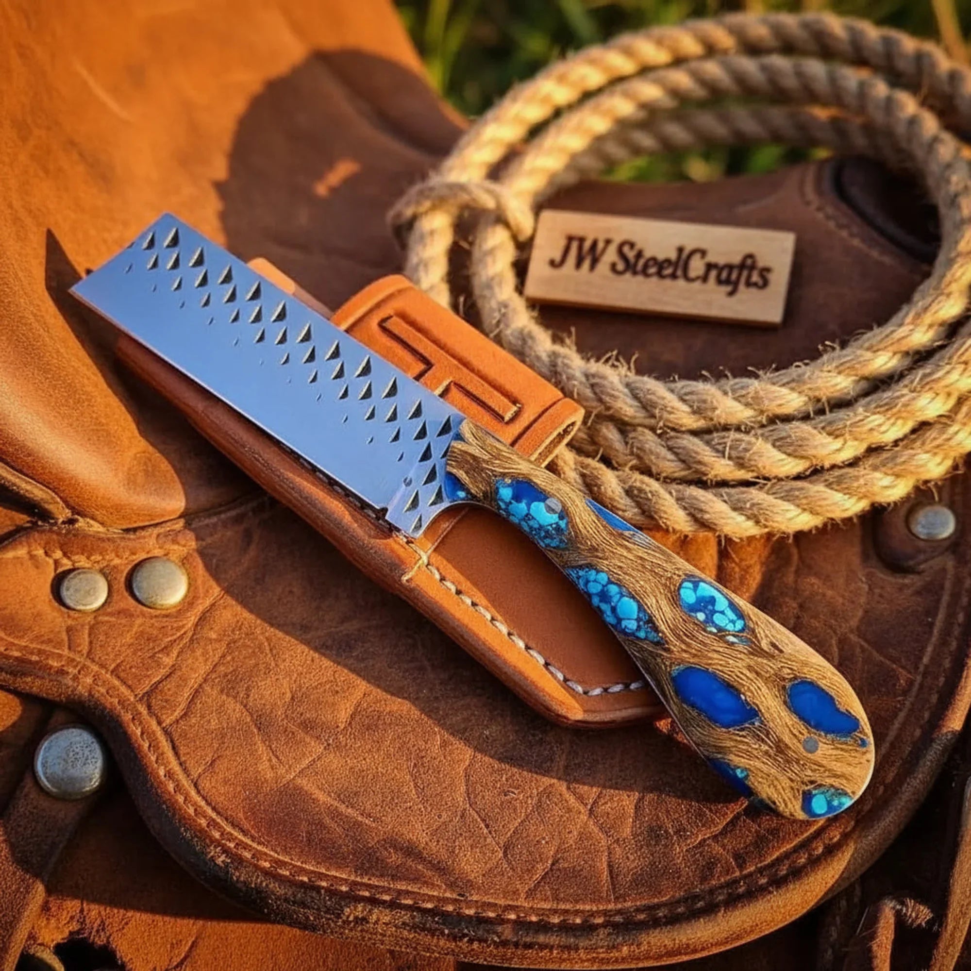 Farrier Rasp Straight Cowboy Cleaver Knife Wood & Turquoise Resin Handle, 6-7 Inch