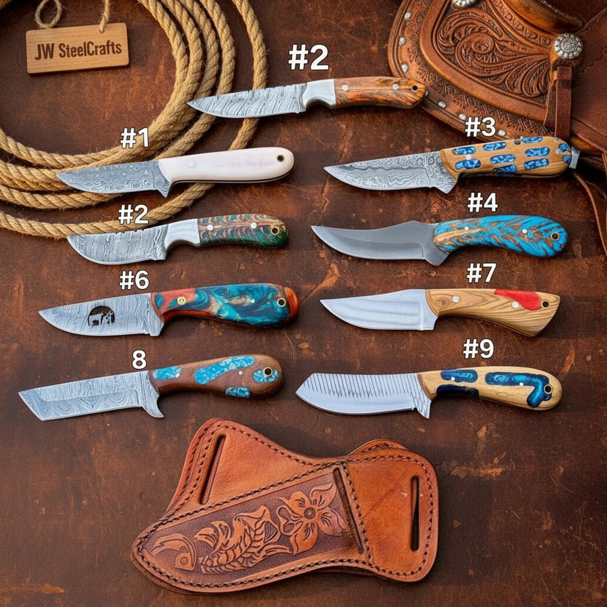 Mini Damascus Cowboy Skinners Set of 9 Multi Color Resin Handle Damascus Rasp Steel Skinner
