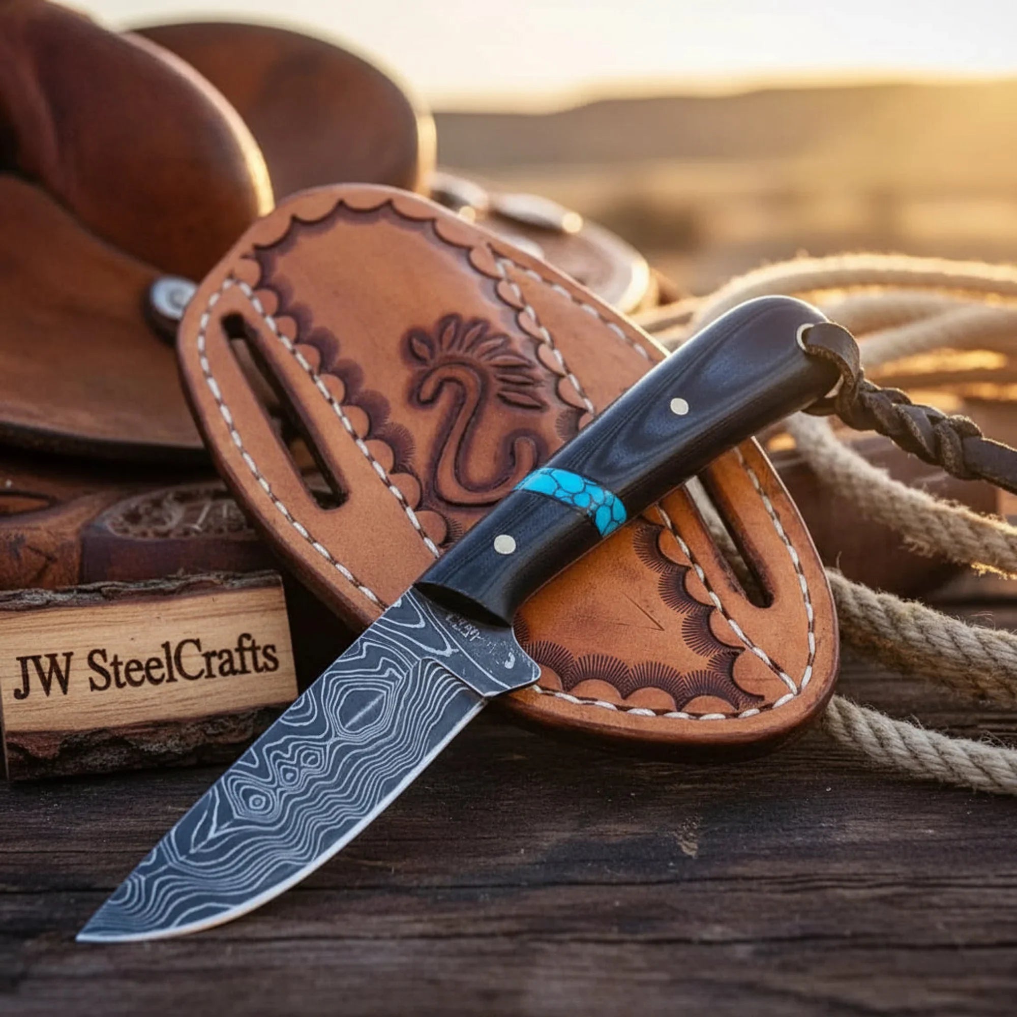 Rough Rider Wood Fixed Blade with Damascus Steel Blade