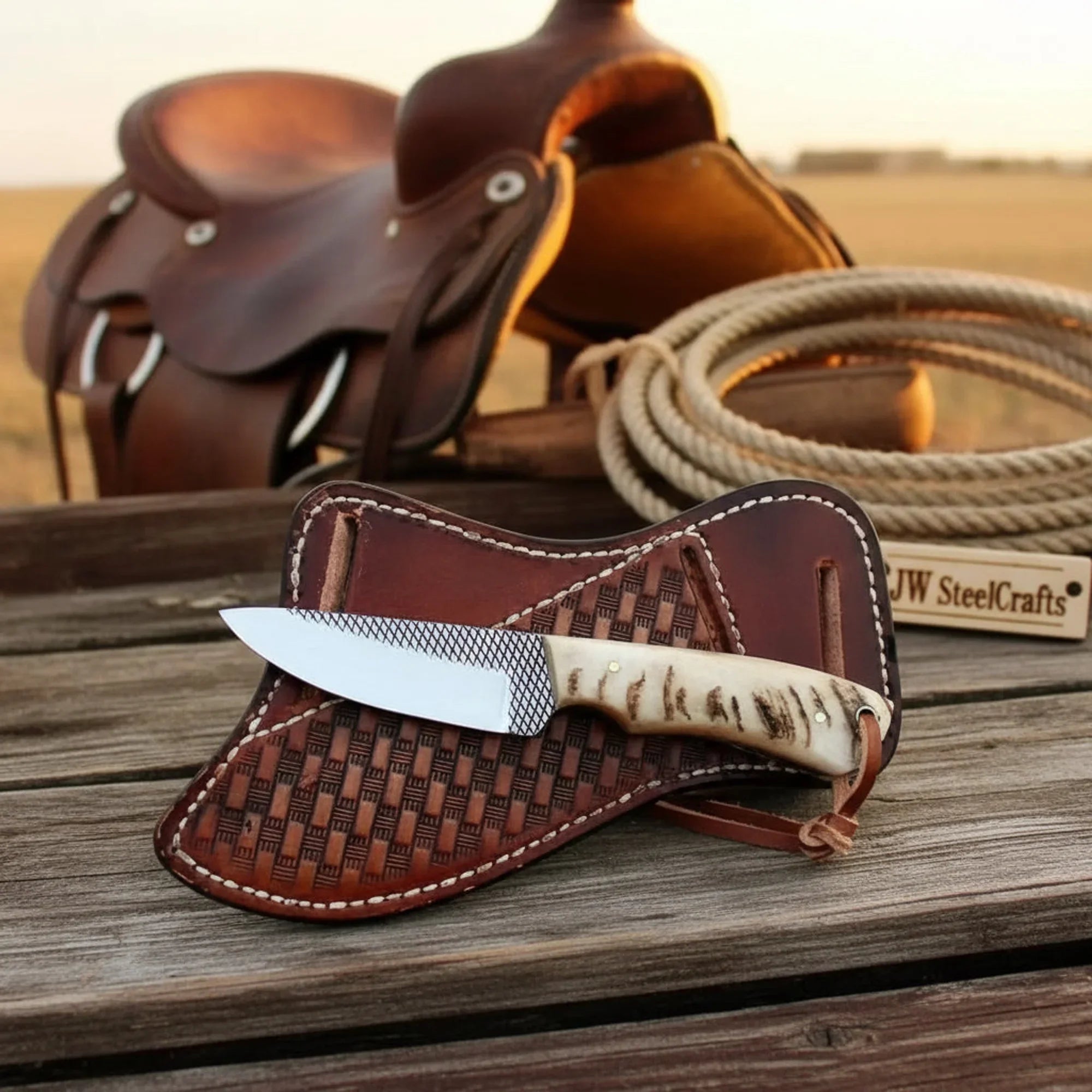 Farrier Rasp Cowboy Knife Full Tang Western Skinner Leather Cross Pouch 7"