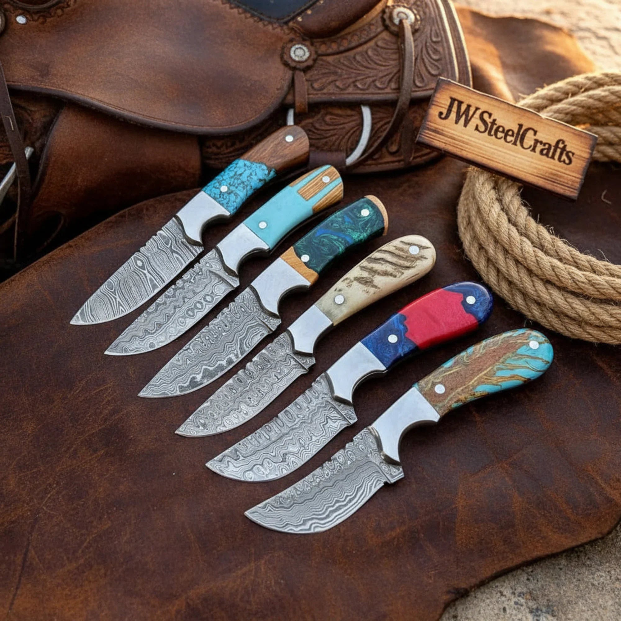 Prairie Palette Skinner Knife set of 6 Multi Color Resin Handle Steel Bolster Full Tang Skinner