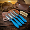Two-Tone Turquoise EDC Skinner Set of 4, Turquoise Blue Resin Handle, Leather 7"