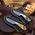 Handmade Damascus Cowboy Knife – Black Bone Handle with Cross Draw Pancake Sheath
