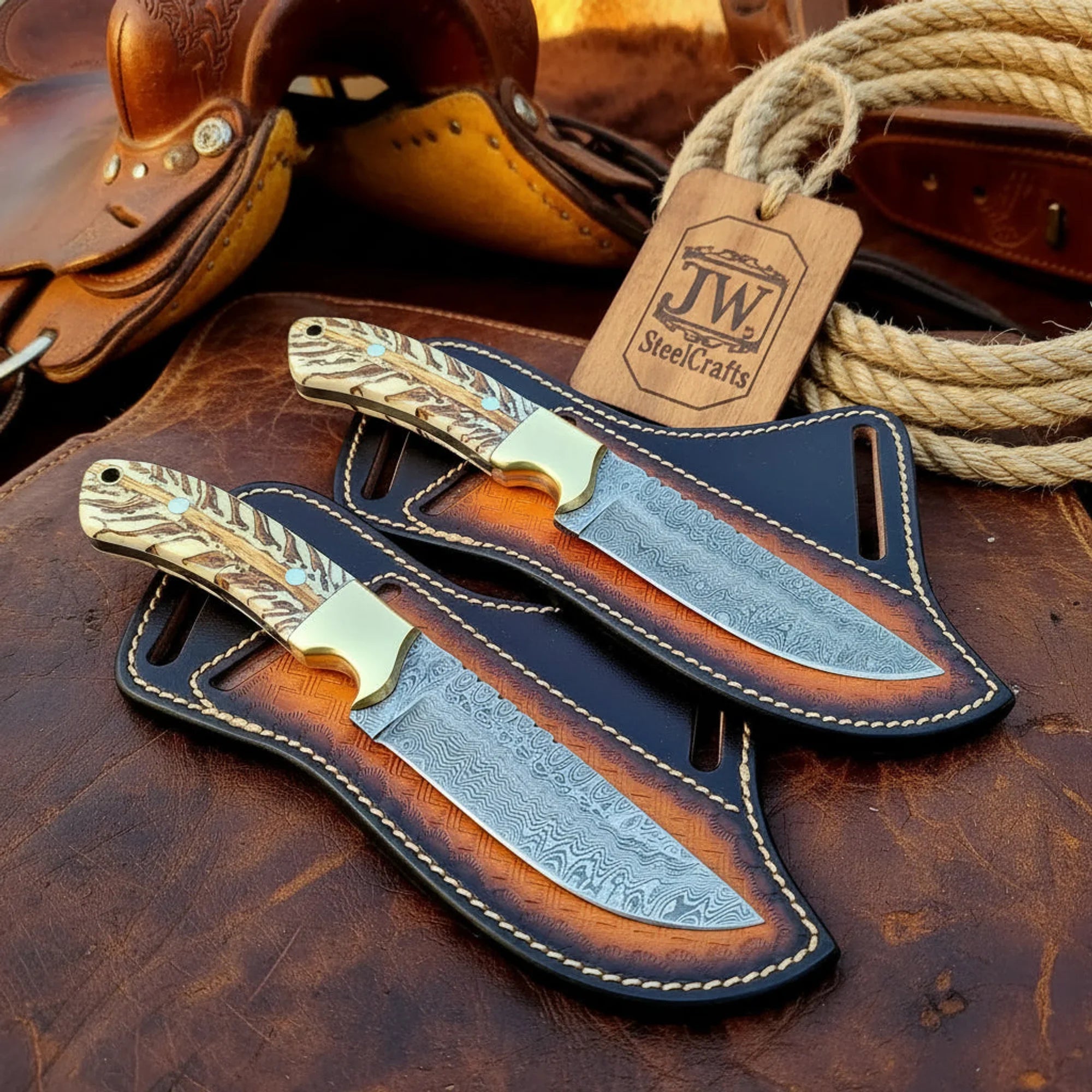Pinecone Cowboy Knife Set with Damascus Steel Blades