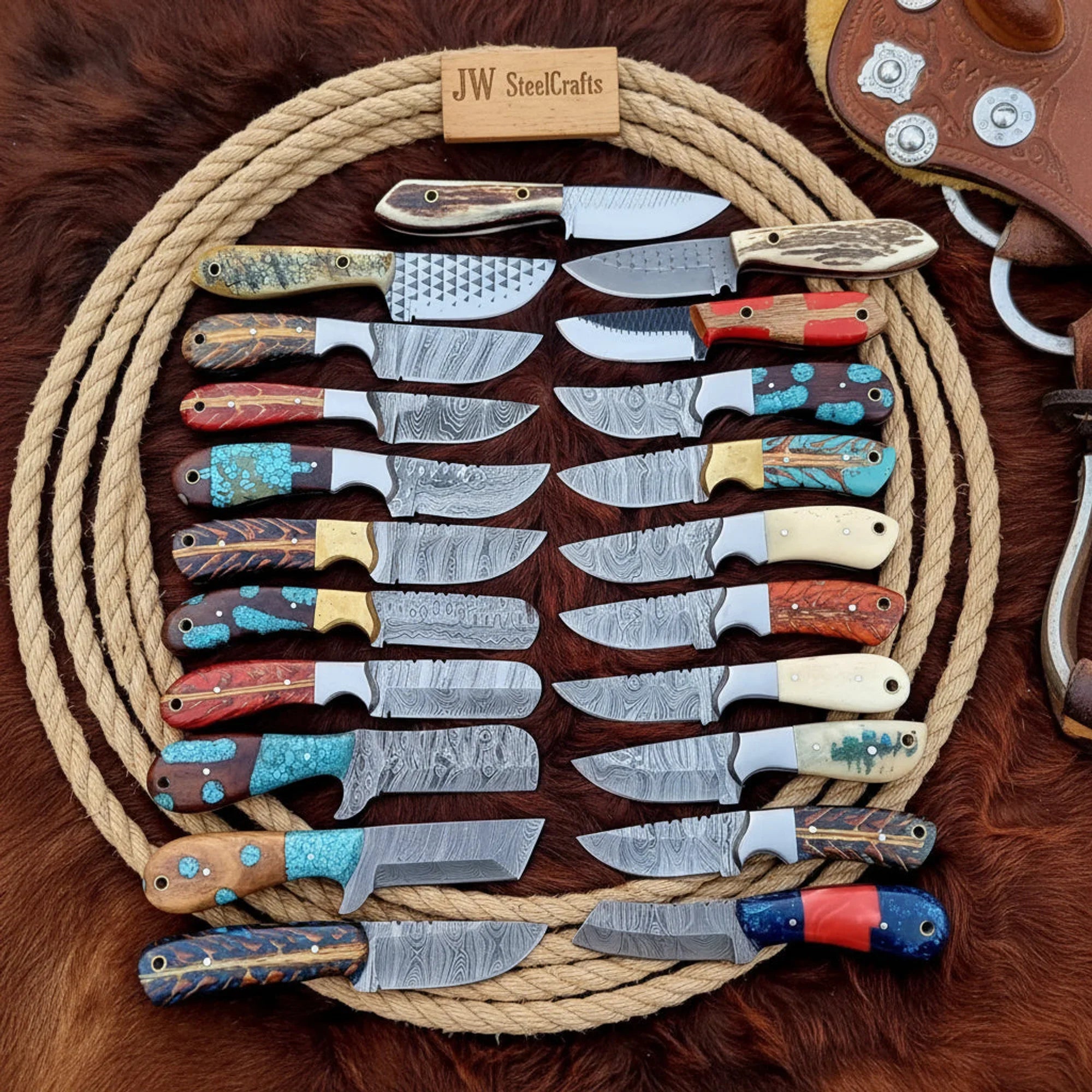 Damascus Wholesale Knife Lot with Mixed Handle Materials