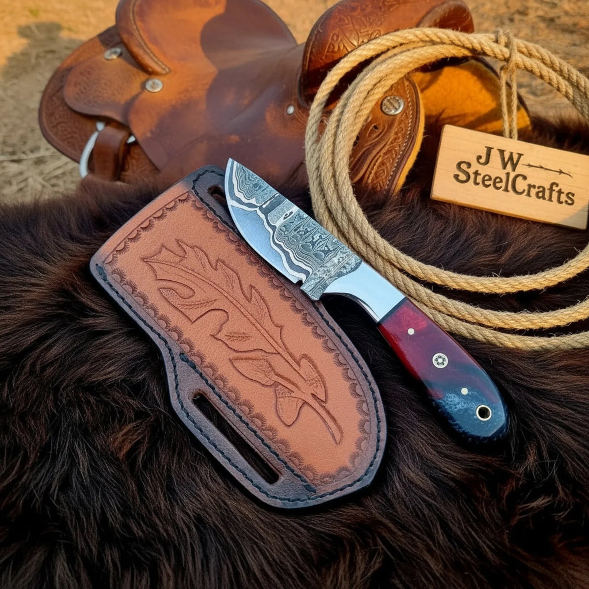 Damascus Skinner Knife – Handmade Cowboy Bull Cutter with Crimson Resin Handle