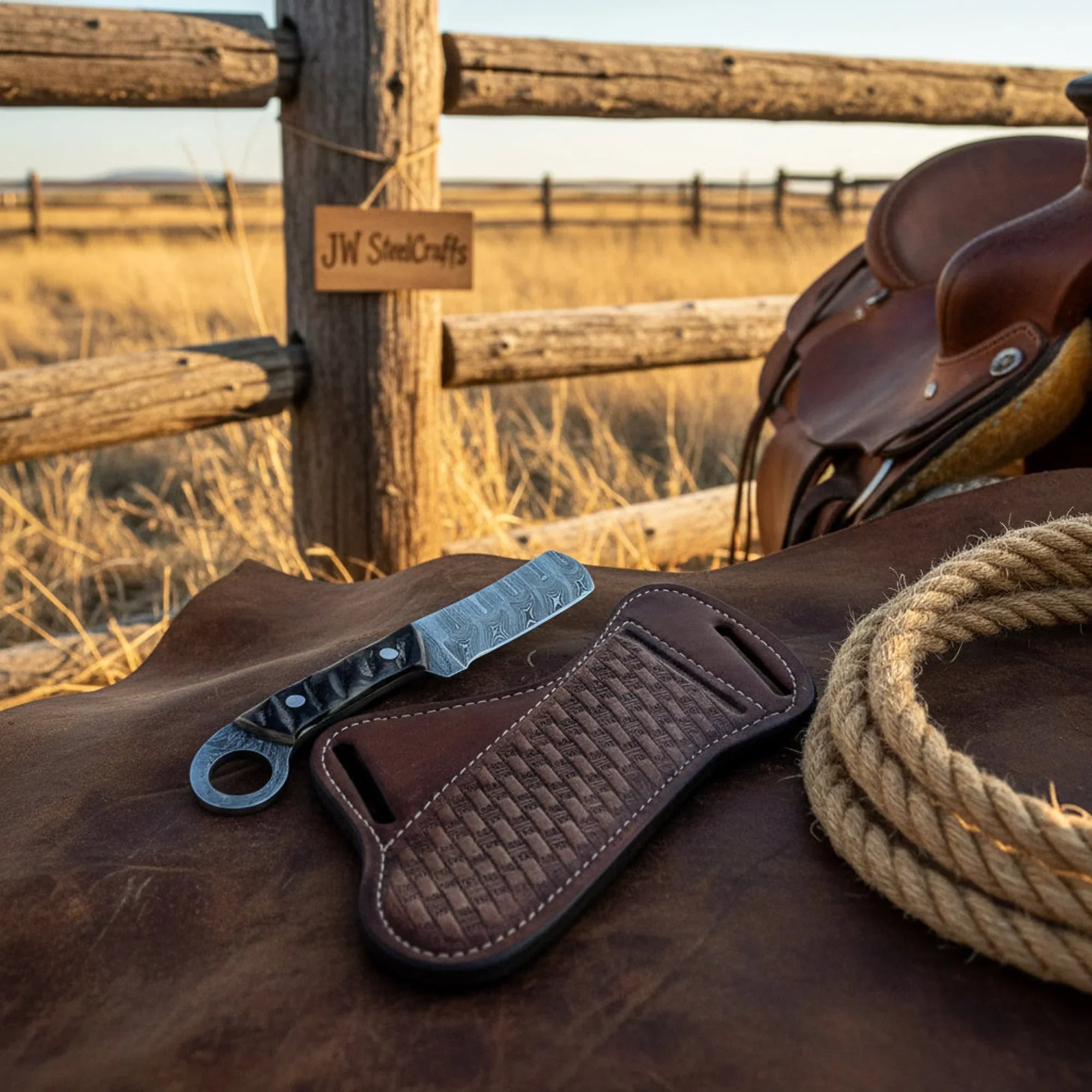 Finger Loop Prairie Bull Cutter 6.5" Handmade rasp Damascus Steel Leather Crossdraw