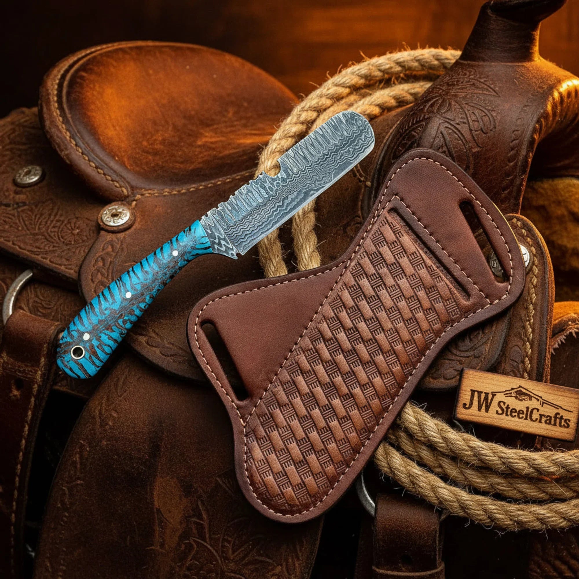 Ranch Bull Cutter Knife Blue Pinecone Handle Full Tang Western Cross Draw Sheath 7"