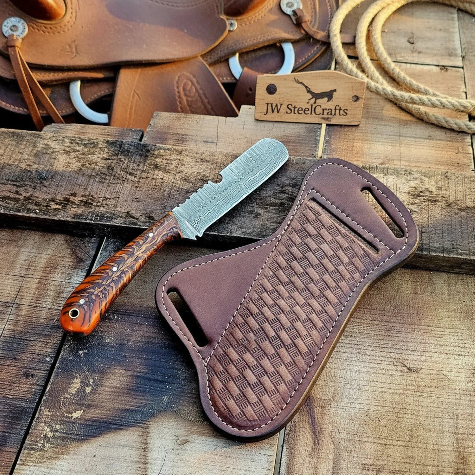 Orange Pine Cone Bull Cutter Knife with Damascus Steel Blade