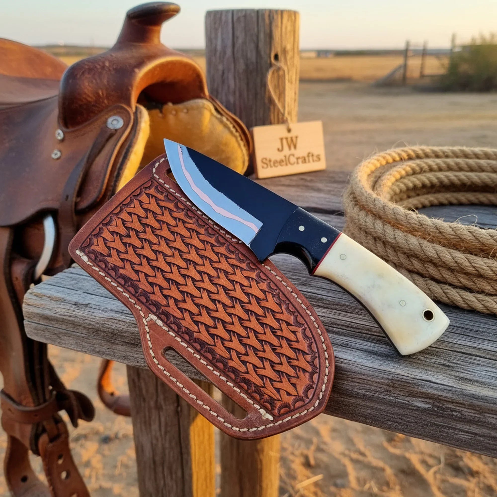 D2 Steel Cowboy Tracker Knife 7" Black Coated Carbon Steel Camel Bone Black Resin Handle