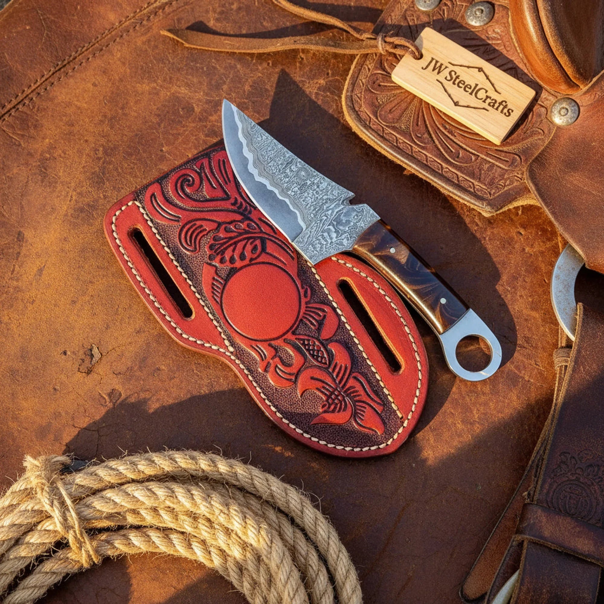 Ring Tail Skinner Knife with Copper Damascus Blade