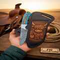 Damascus Cowboy Skinner Knife Blue Pinecone Handle Steel Bolster Full Tang Buffalo Sheath 8"