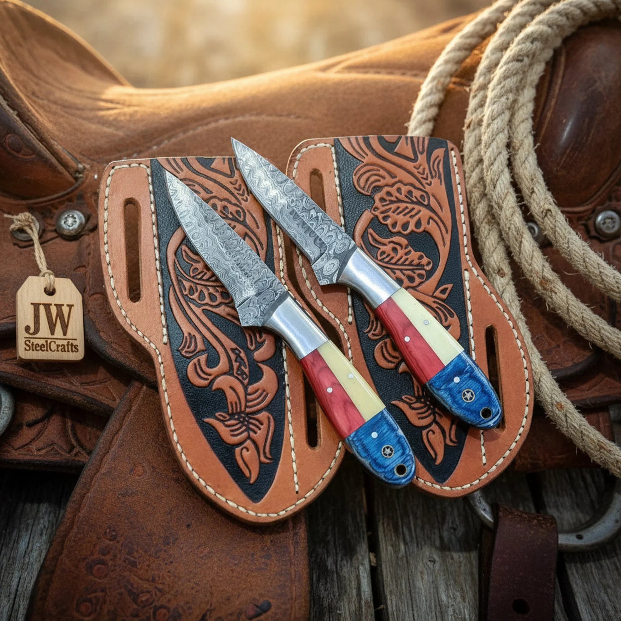 Texas Flag Cowboy Skinner Knife Duo with Bone Handles