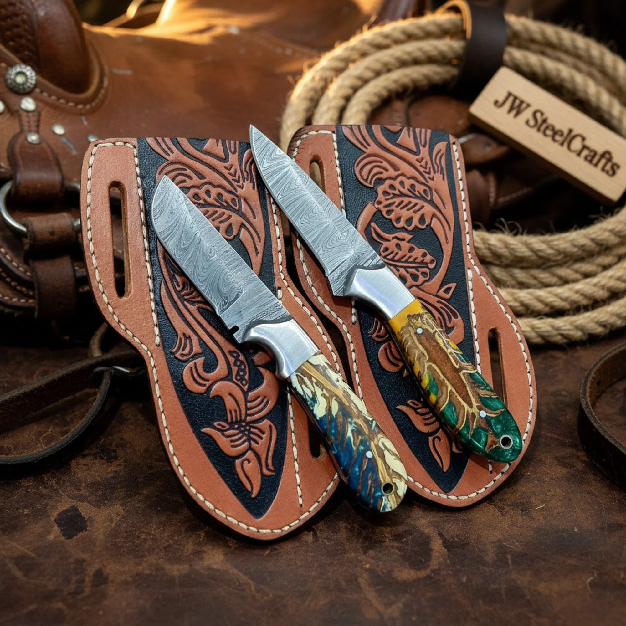 Western Cowboy Knife Set of 2 Damascus Resin Handle Steel Bolster Pancake Sheaths