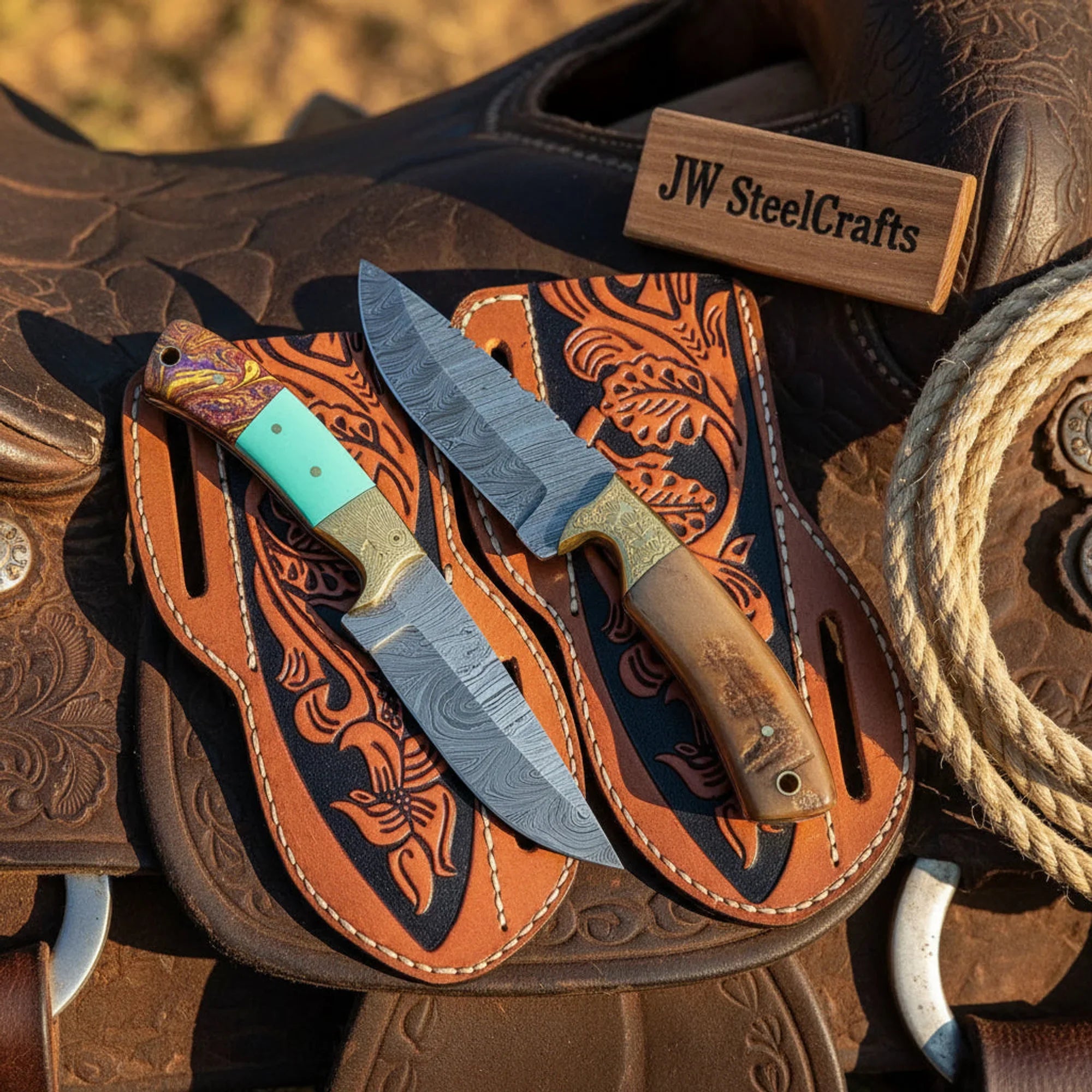 Handmade Damascus Knife Set of 2, 7 Inch Ram Horn Handle, Engraved Bolsters