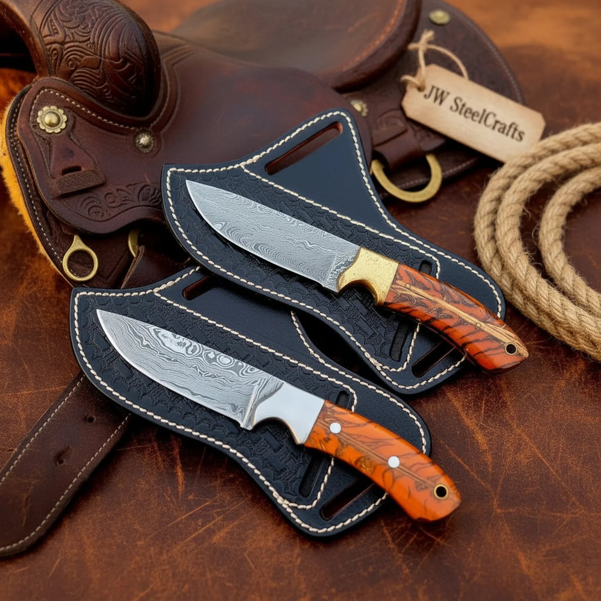 Wrangler's Pinecone Knife Set of 2 Orange Pinecone Handle Brass Steel Bolster Cross Draw