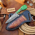 Handmade Damascus Steel Hunting Knife 8" with Green Resin Handle & Buffalo Engraved Leather Sheath